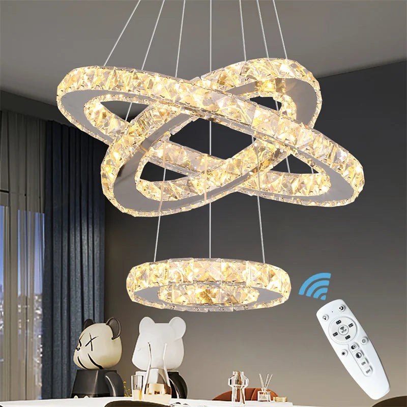 GreeLustr Modern Crystal Ring LED Chandelier With Dimmer Remote