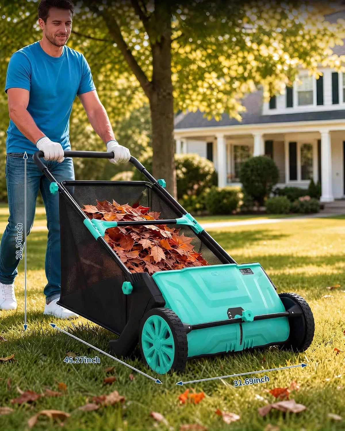 TACLEEKII Manual Lawn Sweeper With Four Brush Debris Collection System