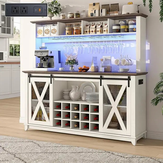 XIUWO Farmhouse Coffee Bar Cabinet LED Lighting And Wine Storage