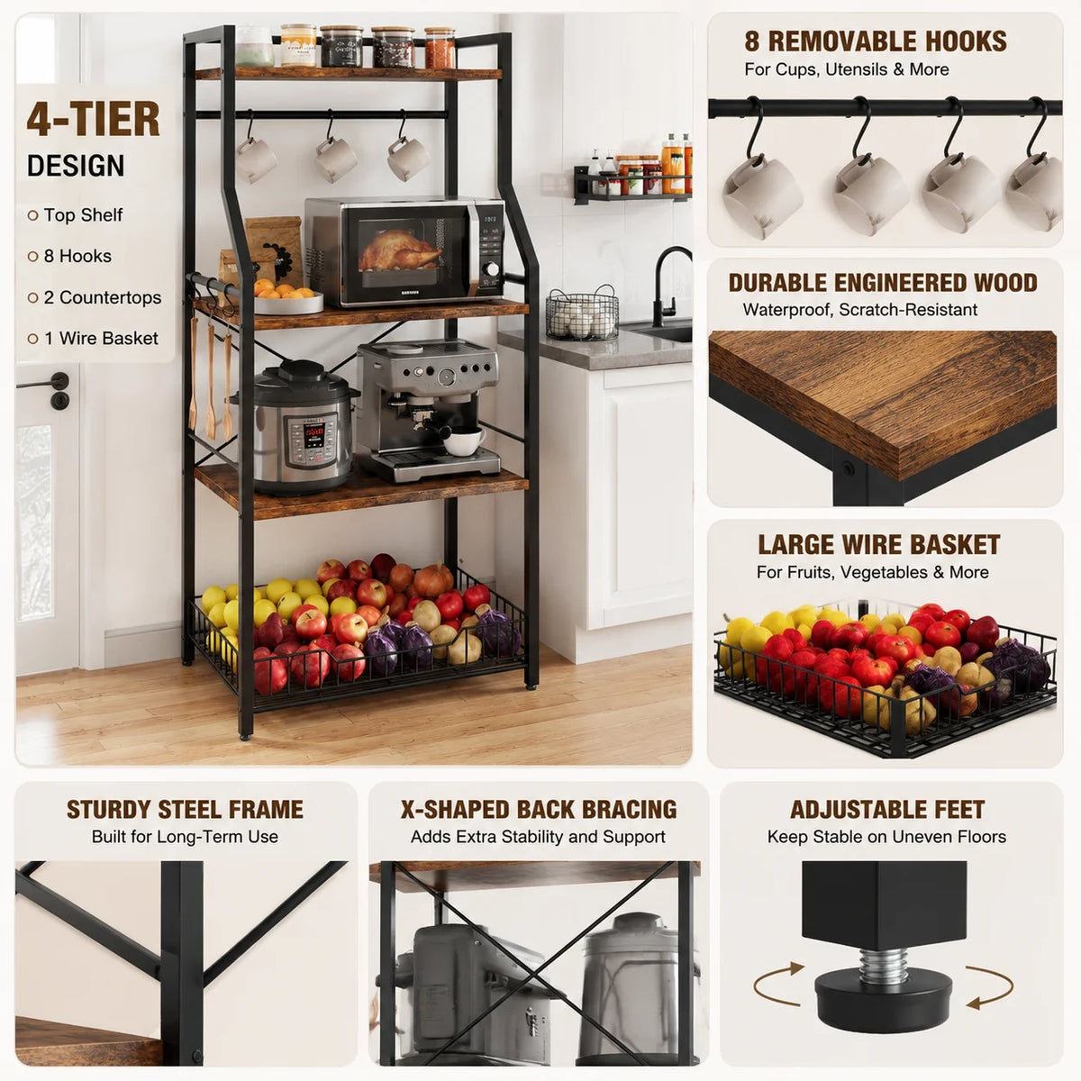 Four Tier Kitchen Bakers Rack With Microwave Stand And Storage
