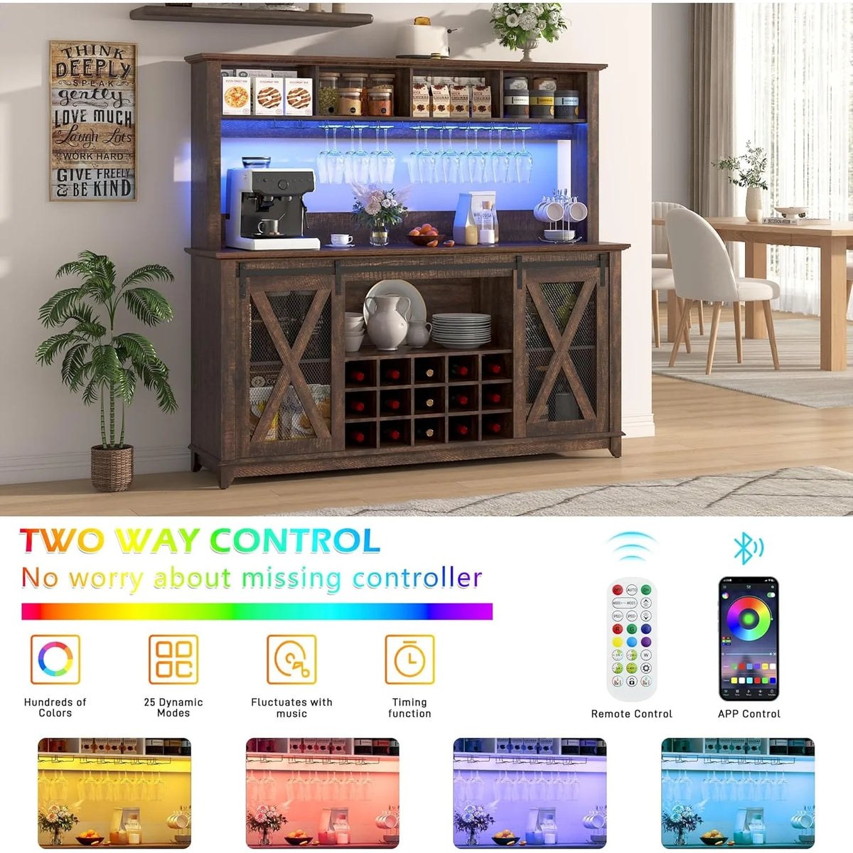 XIUWO Farmhouse Coffee Bar Cabinet LED Lighting And Wine Storage