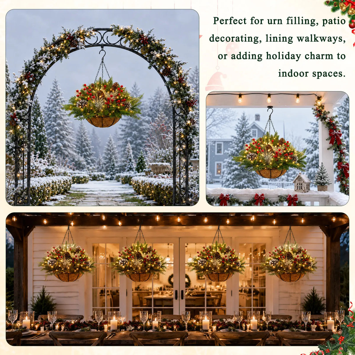 Artificial Christmas Hanging Basket With LED String Lights