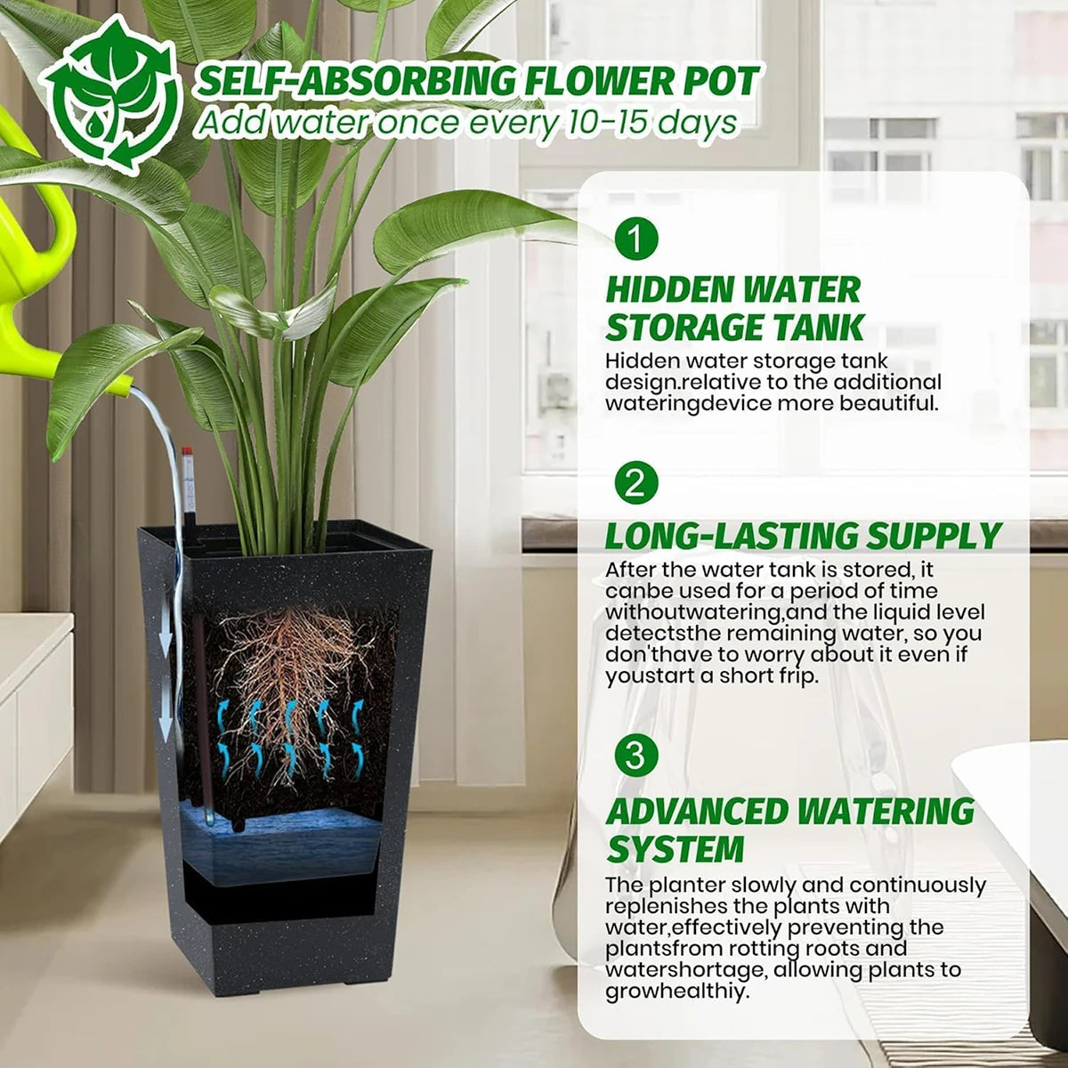TWISTER.CK Rectangular Planters Set of 2 Large Outdoor And Indoor Plant Pots With Drainage Holes And Water Level Monitor