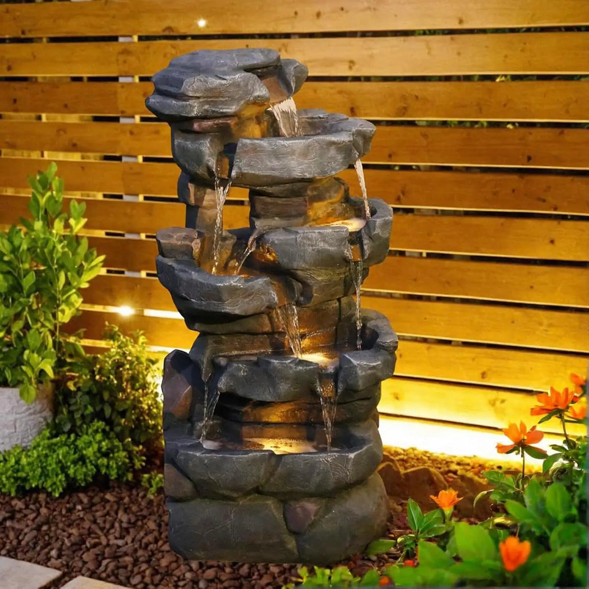 Tree Trunk Outdoor Waterfall Fountain With LED Lights For Garden