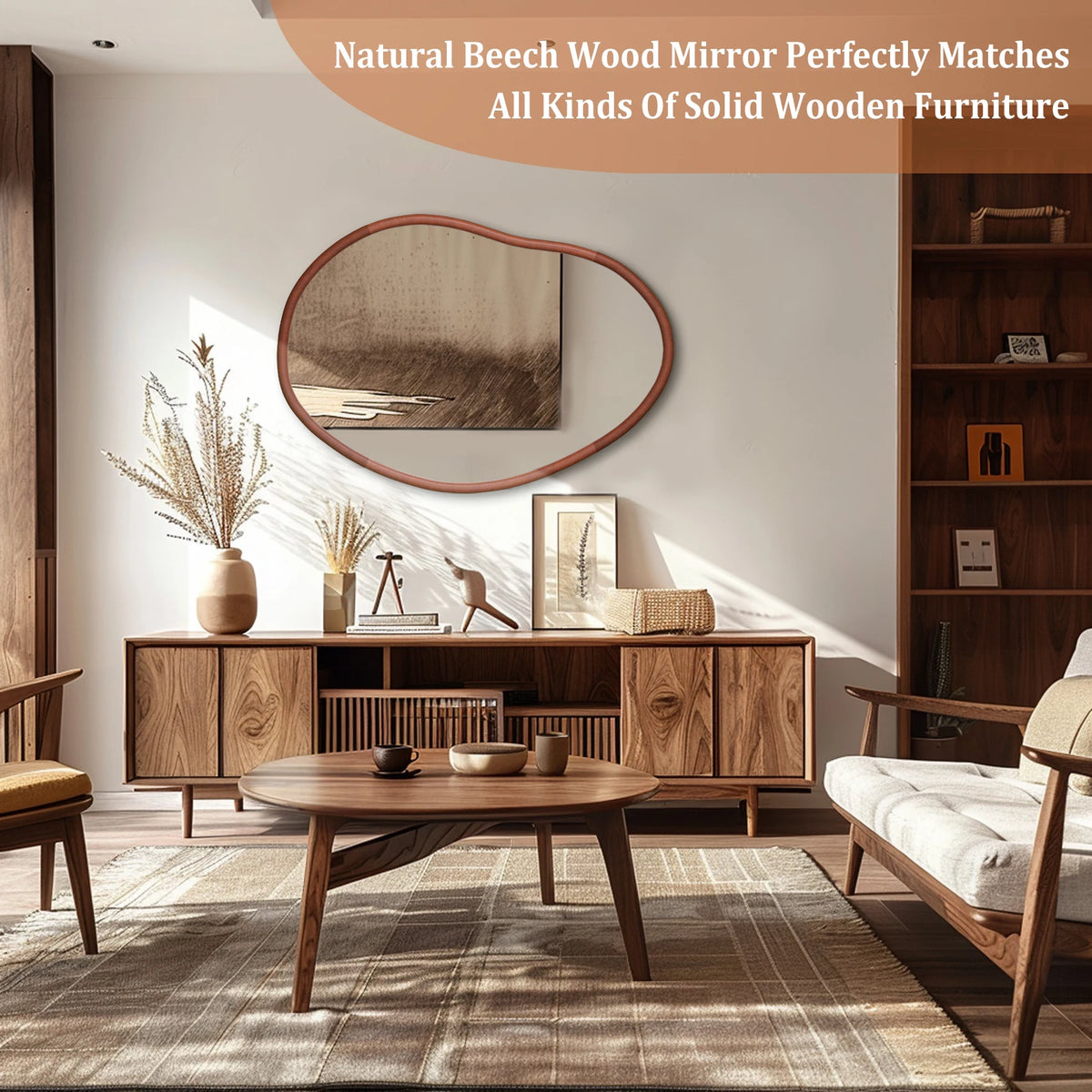 Mid Century Asymmetrical Wood Frame Decorative Wall Mirror for Entryway
