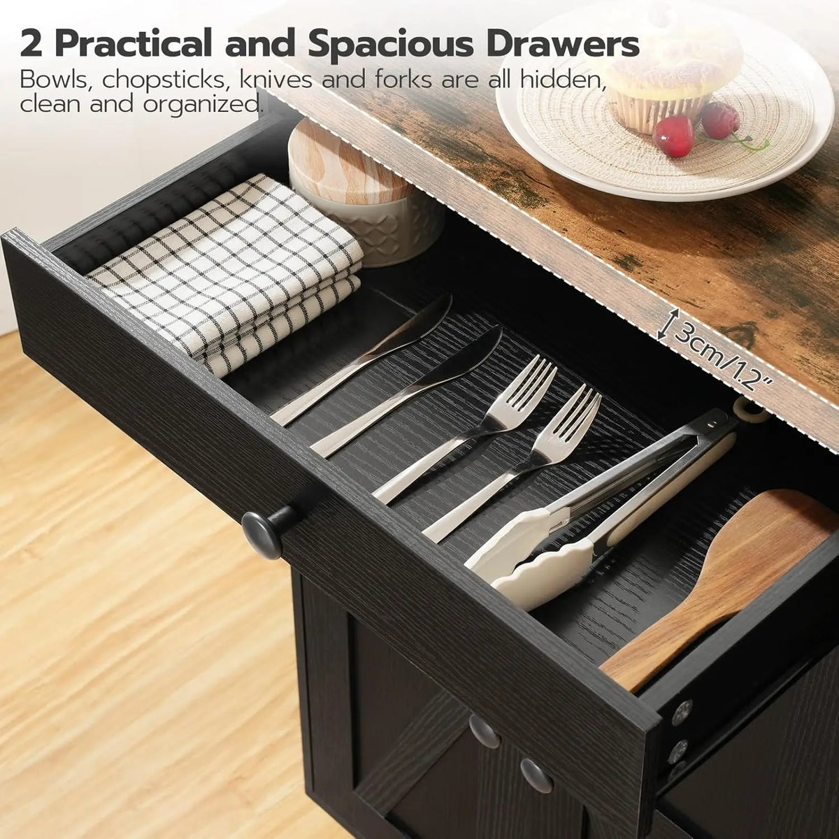 Kitchen Island Cart With Power Outlet, Storage, Spice Rack And Hooks