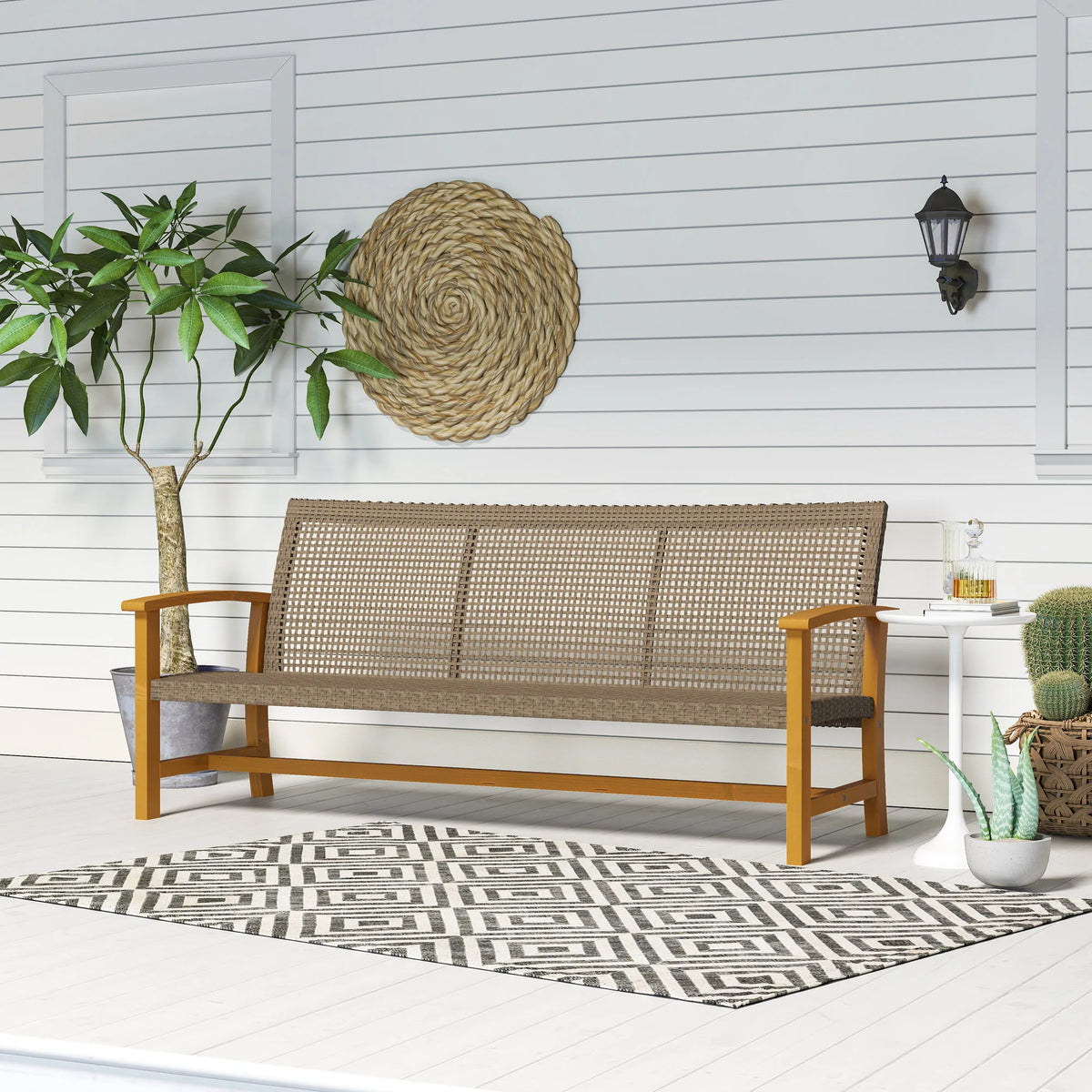 Outsunny Wicker Outdoor Sofa With Acacia Wood Armrests