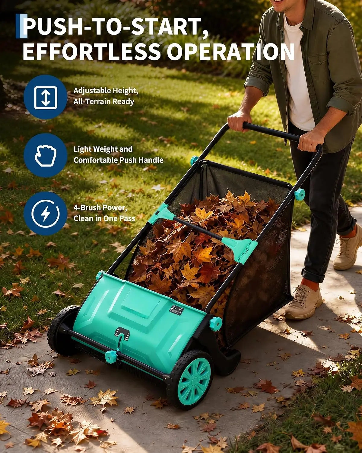 TACLEEKII Manual Lawn Sweeper With Four Brush Debris Collection System