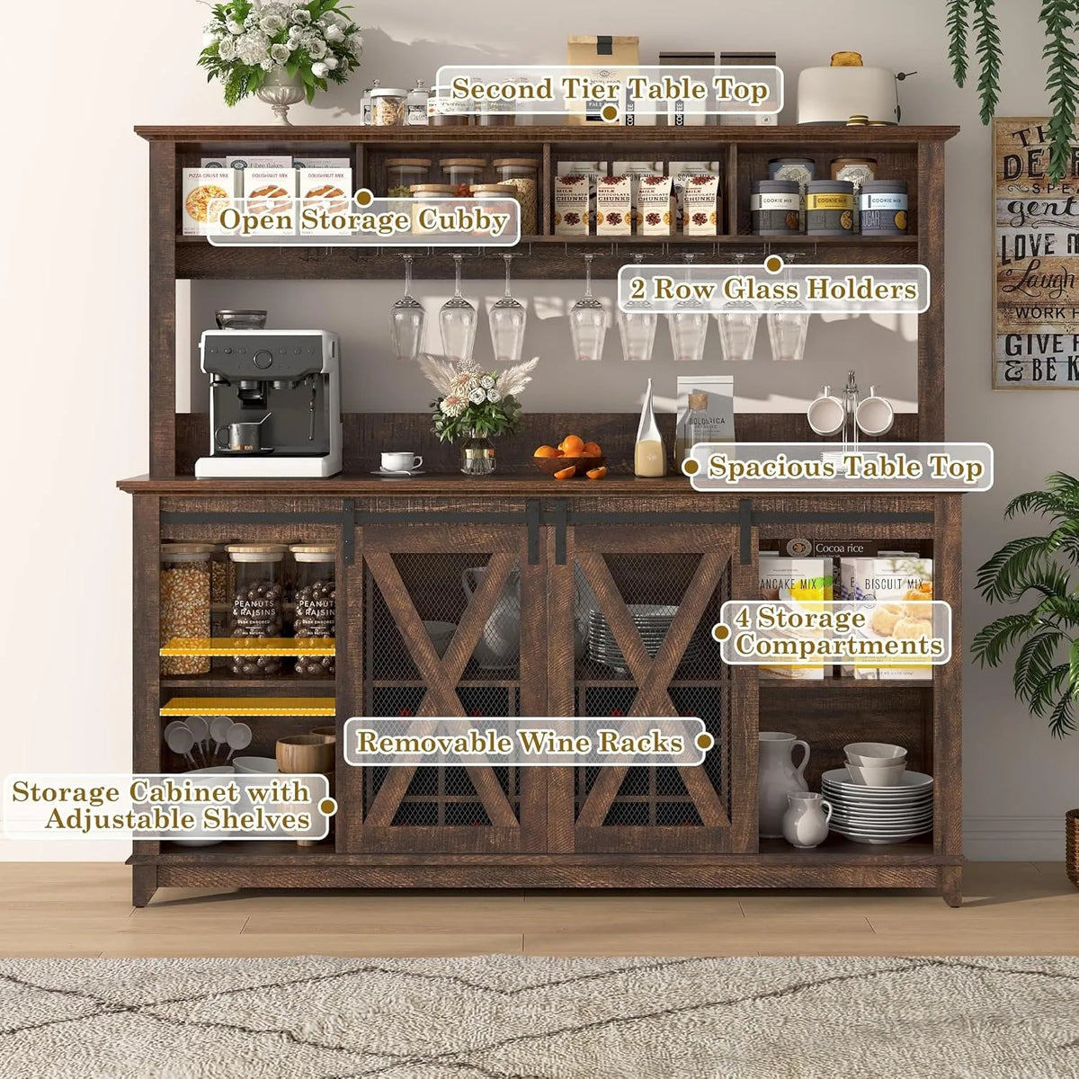 XIUWO Farmhouse Coffee Bar Cabinet LED Lighting And Wine Storage