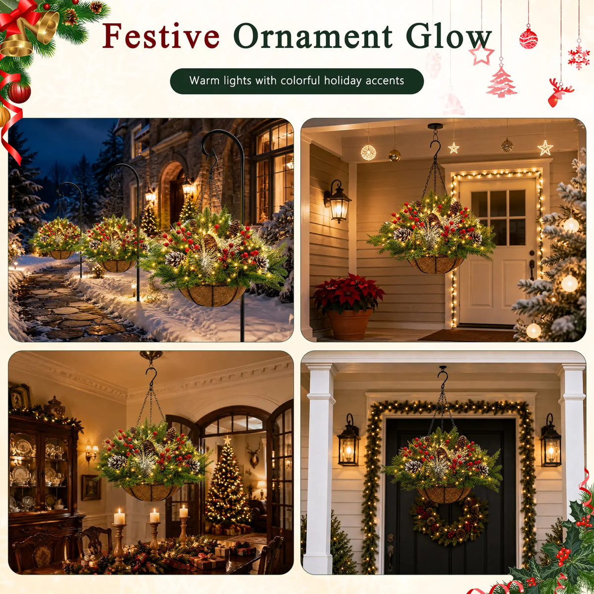 Artificial Christmas Hanging Basket With LED String Lights