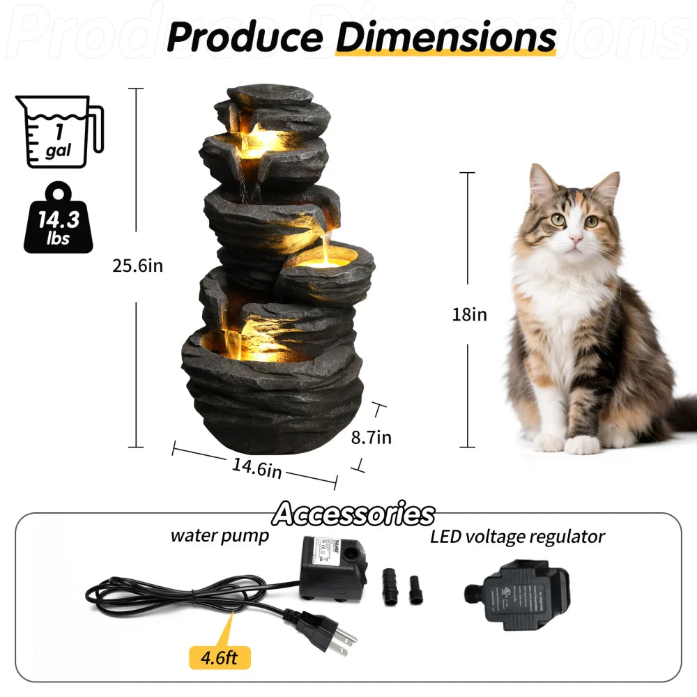 Stacked Rock Waterfall Fountain With Lights For Patio Garden Decor