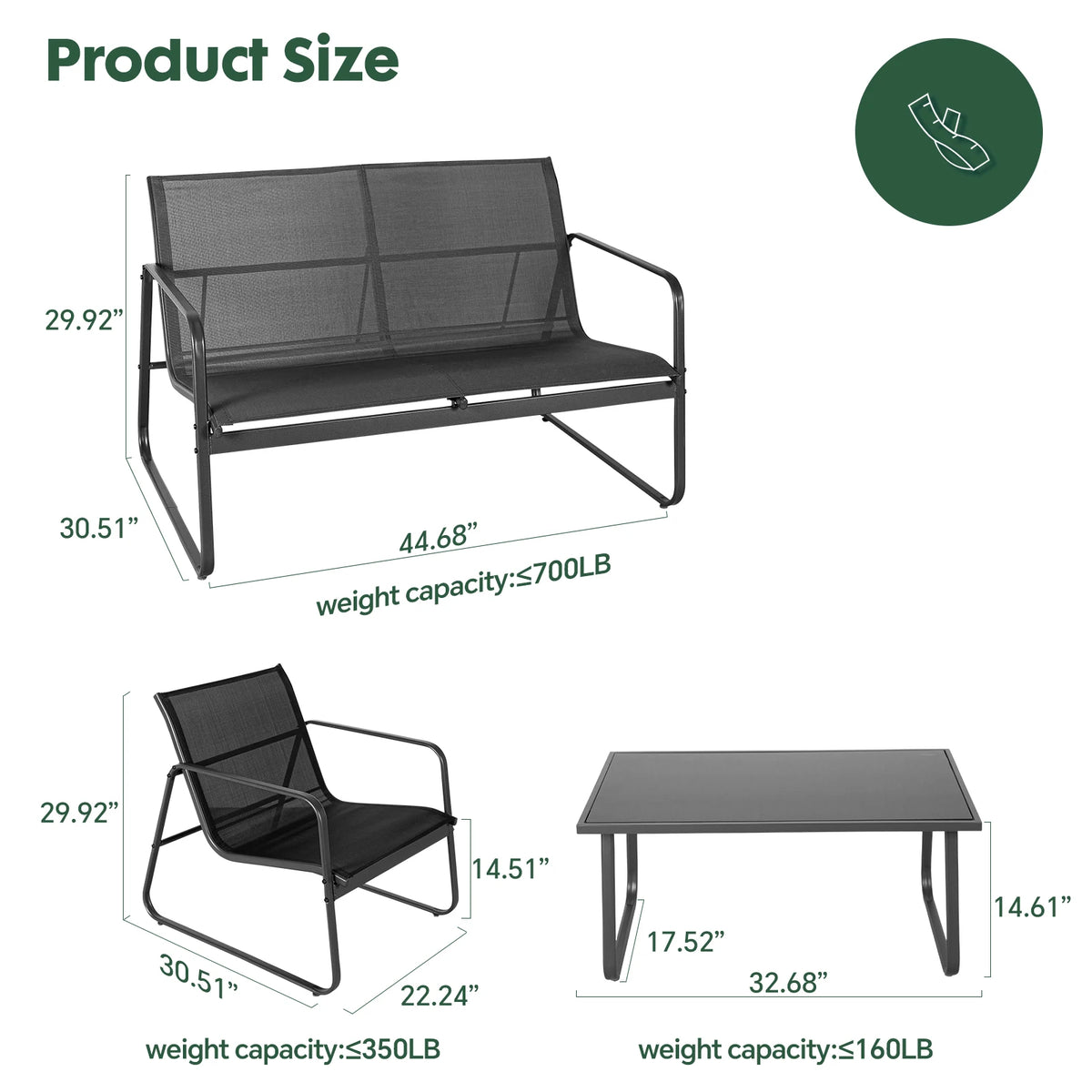 JHK Outdoor Patio Sectional Set With Metal Frame Mesh Backrests