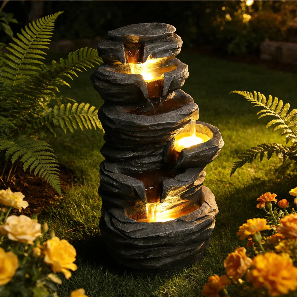 Stacked Rock Waterfall Fountain With Lights For Patio Garden Decor