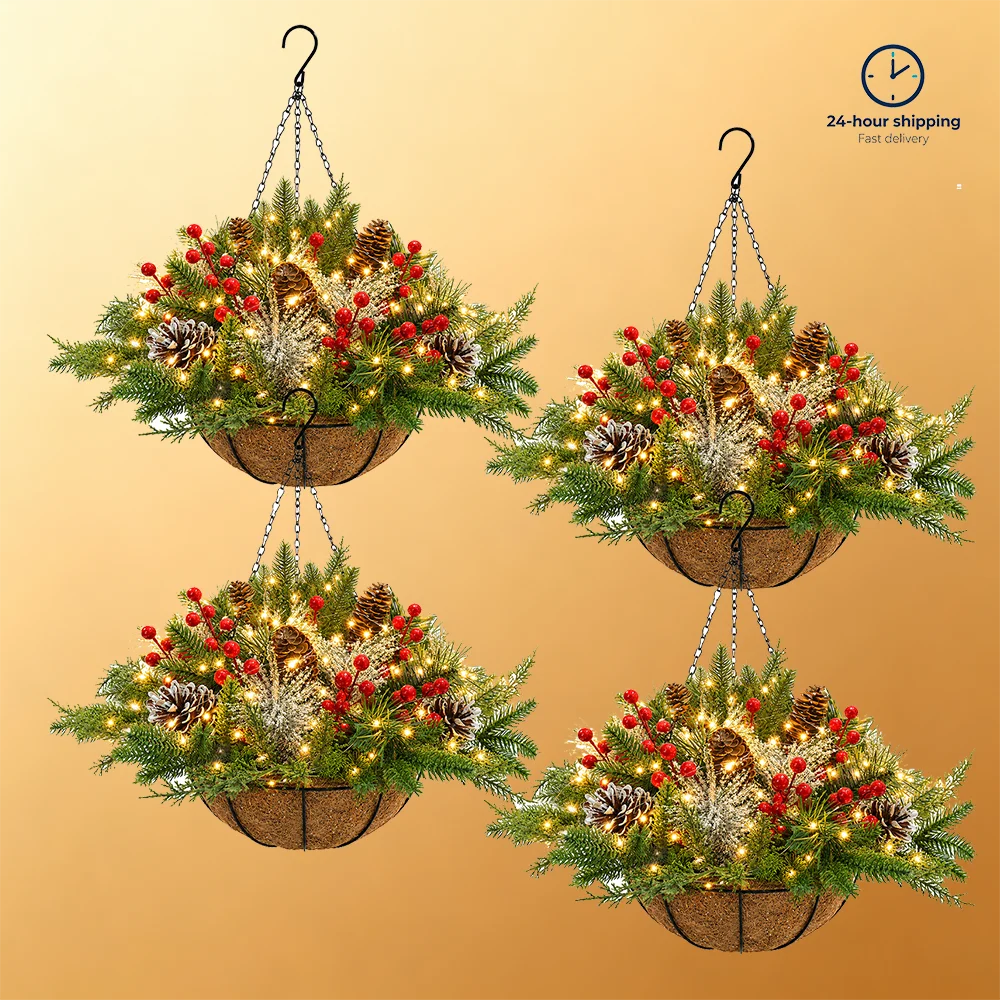 Artificial Christmas Hanging Basket With LED String Lights