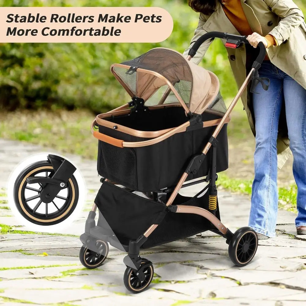 Pet Stroller With Shock Absorbers Storage Basket And Dual Brakes
