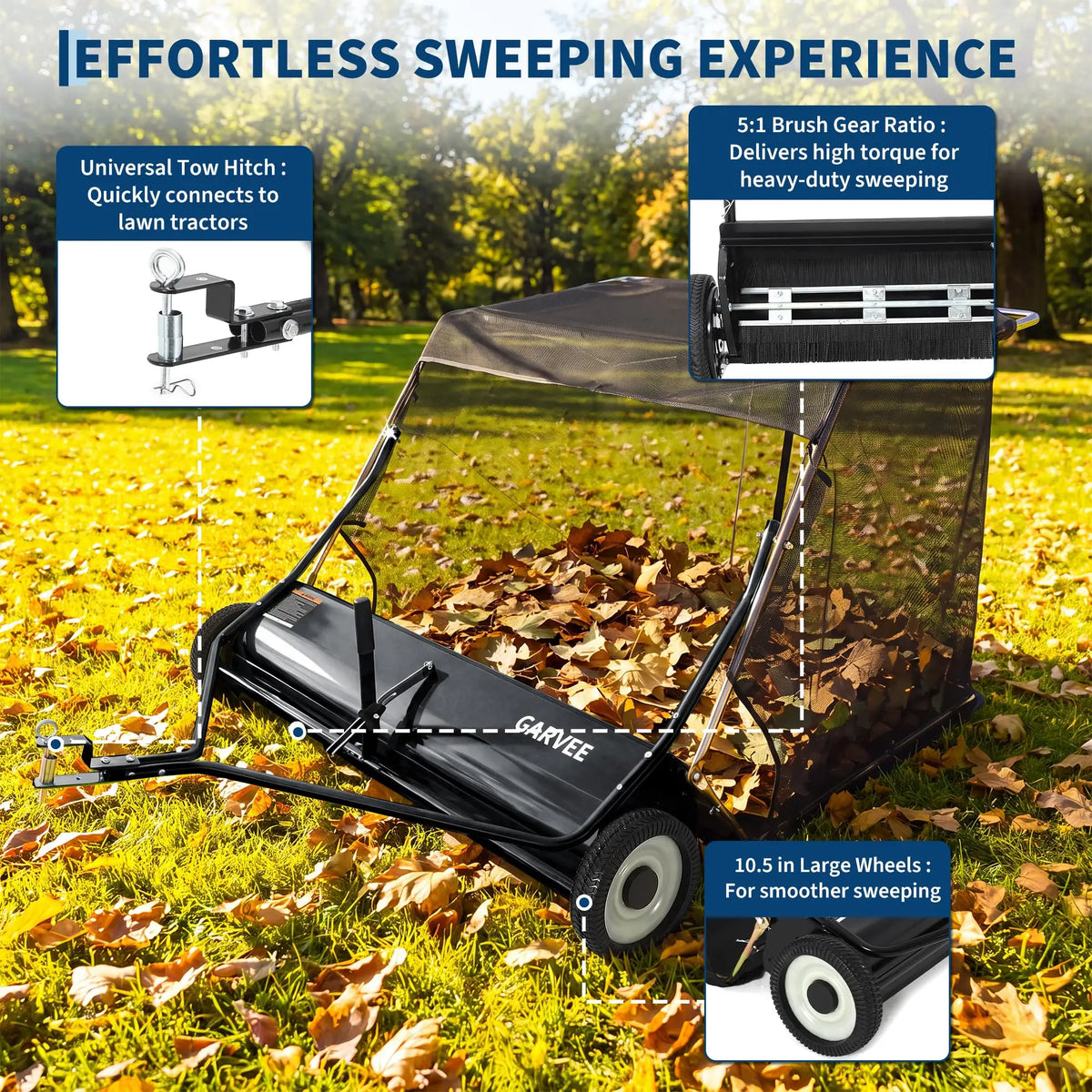 HiMISS Tow Behind Lawn Sweeper With Easy Pull Rope Dump