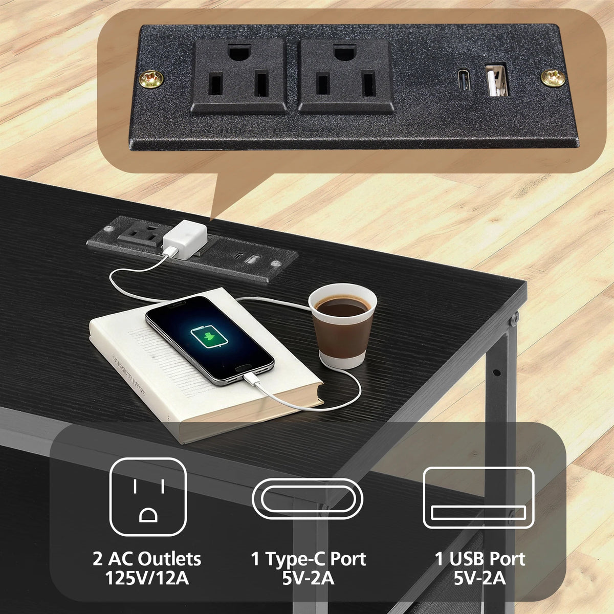 JHK Fabric Drawer Nightstand With Charging Station And USB Ports