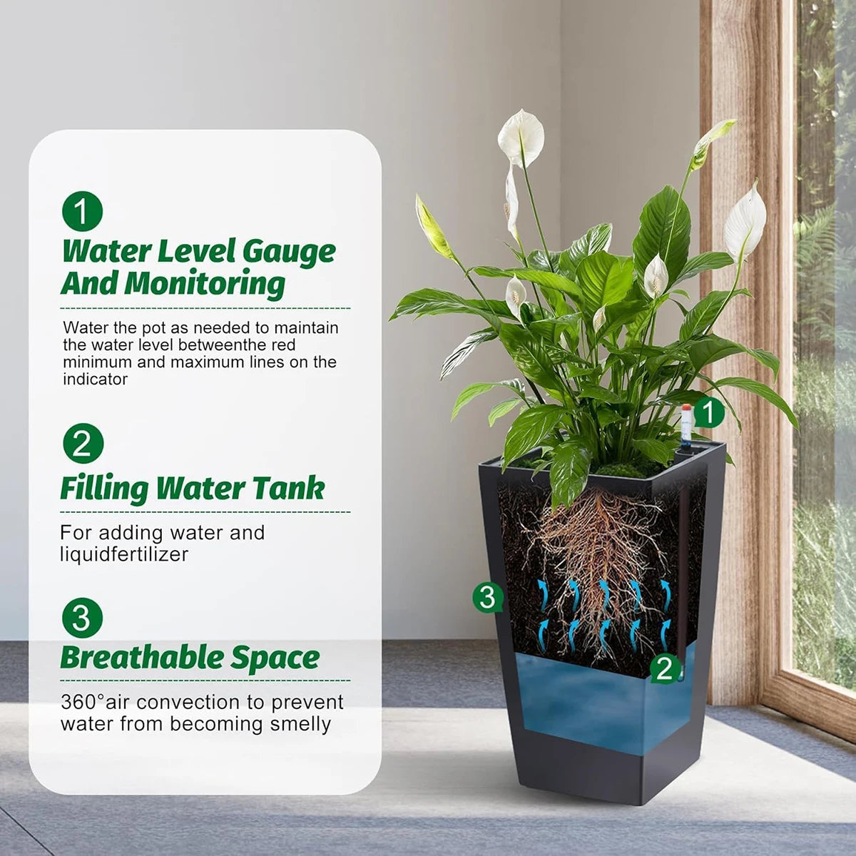 TWISTER.CK Rectangular Planters Set of 2 Large Outdoor And Indoor Plant Pots With Drainage Holes And Water Level Monitor