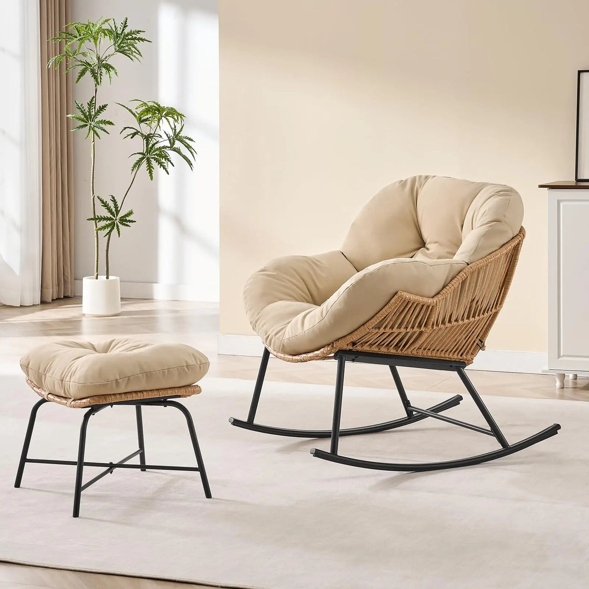 ONBRILL Rattan Papasan Rocking Chair With Ottoman for Patio Lounge