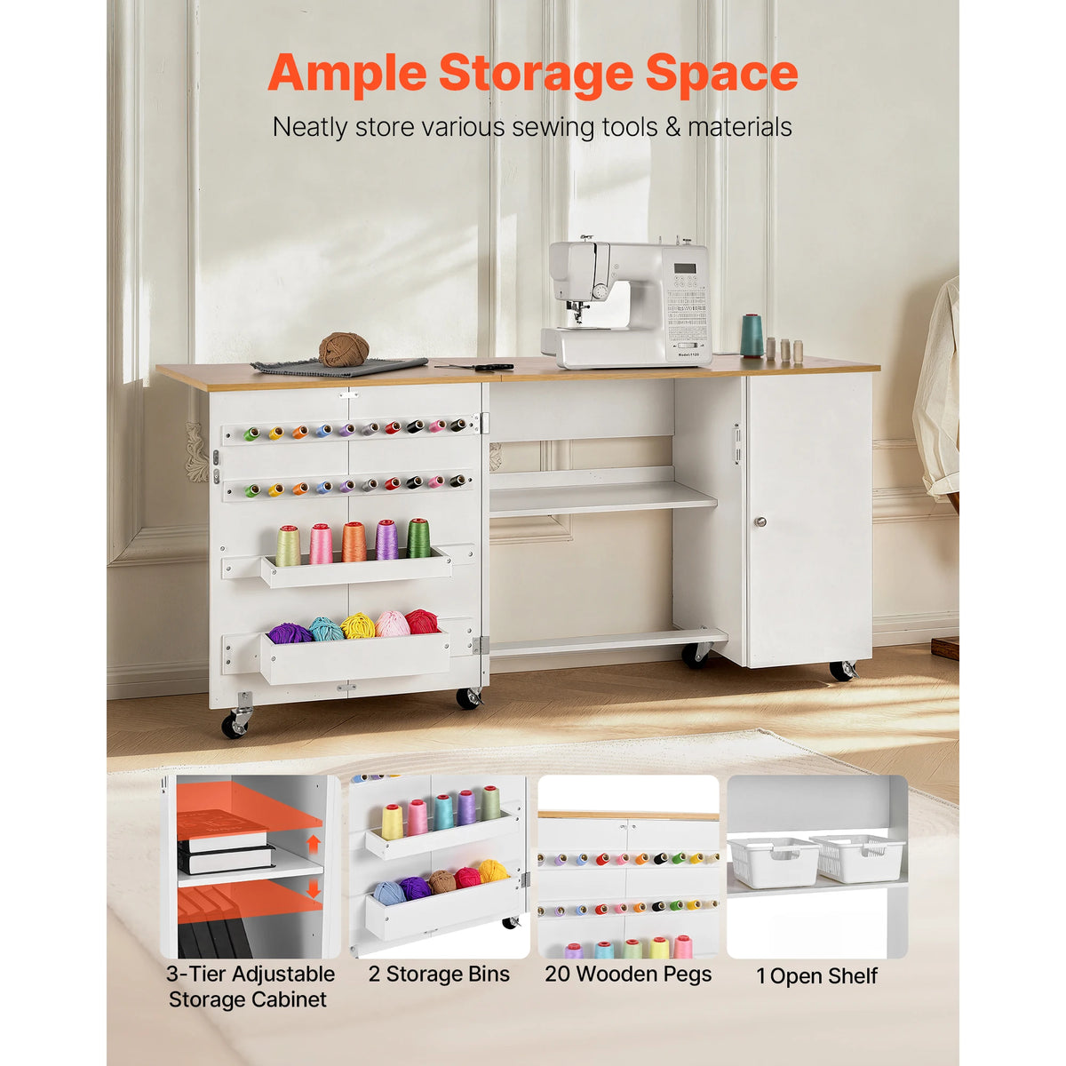 SucceBuy Folding Sewing Table With Cabinet And Charging Station Desk